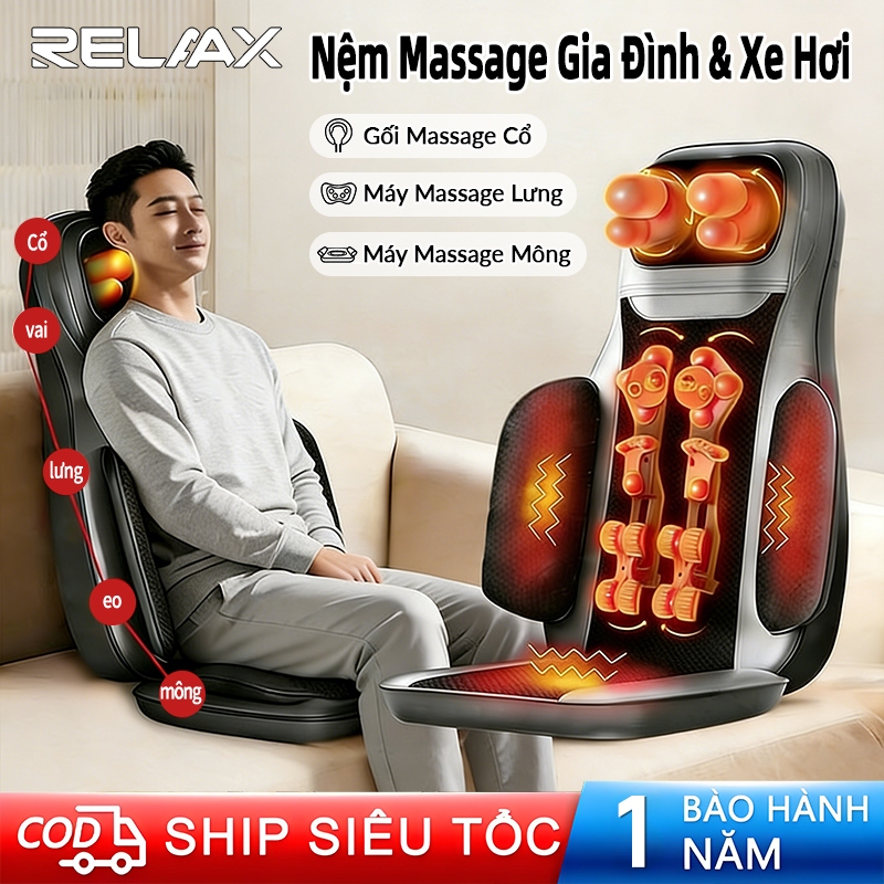 Đệm massage RELAAX - Thư giãn tại nhà: massage cổ vai lưng eo mông, chườm nóng hồng ngoại 3 mức, điều khiển từ xa