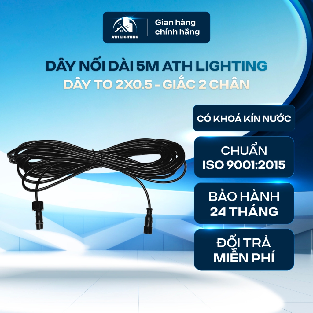 Dây Nối Dài 5M Cho Đèn Năng Lượng Mặt Trời ATH LIGHTING, Loại Dây To 2x0.5 Giắc 2 Chân Có Khoá Kín Nước