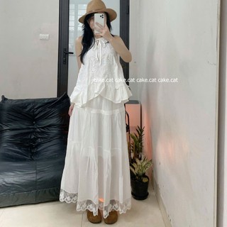 Chân Váy Midi Dài Trắng Xếp Tầng Phối Viền Ren Gấu Dáng Xòe Lưng Chun Vintage Đi Biển Nàng Thơ V110