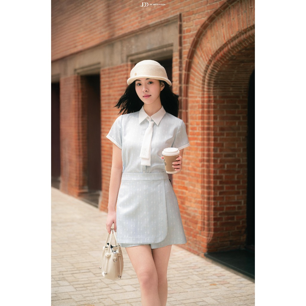 Set Áo Sơ Mi Dáng Suông Cổ Đức Cà Vạt 2T09.2601, Quần Váy Phối Tà Bung 3S02.2601, Set Đồ Monogram Cá Tính Thanh Lịch JM
