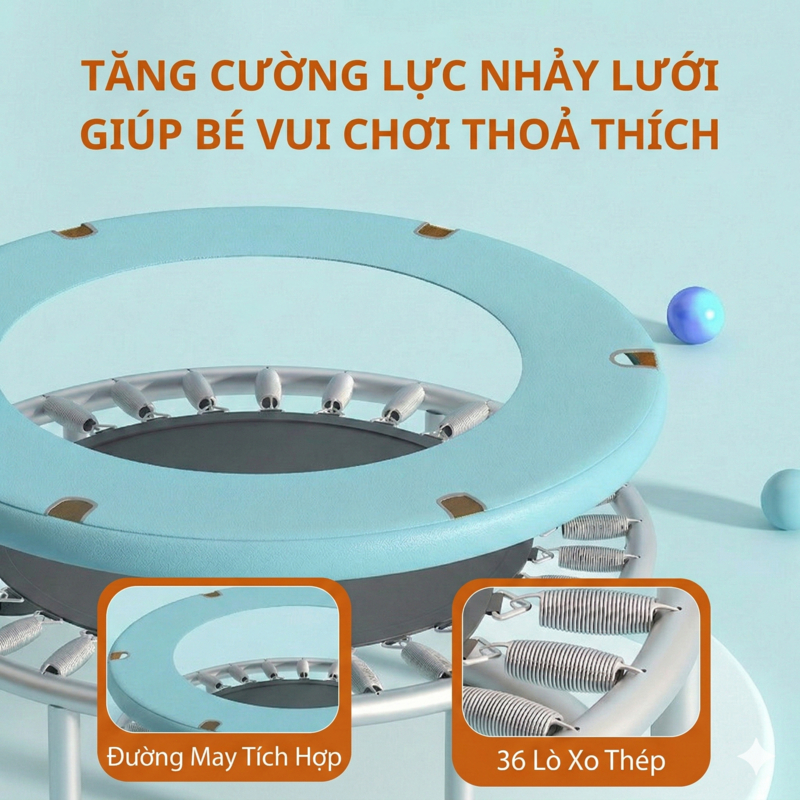 Bạt Nhún Cho Bé Nhà Nhún Nhảy Trẻ Em Đồ Chơi Vận Động Có Lưới Bảo Vệ Thanh Vịn Nâng Hạ Khu Rộng
