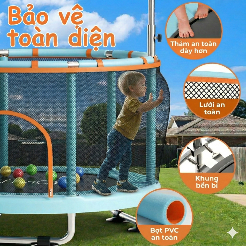 Bạt Nhún Cho Bé Nhà Nhún Nhảy Trẻ Em Đồ Chơi Vận Động Có Lưới Bảo Vệ Thanh Vịn Nâng Hạ Khu Rộng
