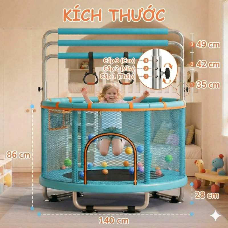 Bạt Nhún Cho Bé Nhà Nhún Nhảy Trẻ Em Đồ Chơi Vận Động Có Lưới Bảo Vệ Thanh Vịn Nâng Hạ Khu Rộng