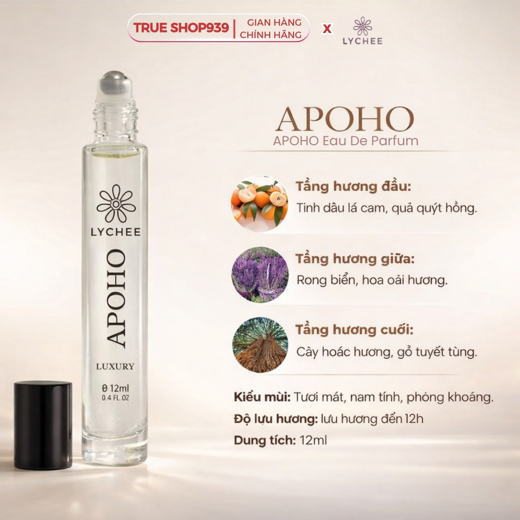 [Mới] Nước Hoa Lăn Lychee Tinh Dầu Pháp APOHO Eau De Parfum 12ml (Hương gốc Aqva Pour Homme)