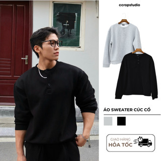 Áo Sweater Cúc Cổ Ccropstudio Vải Nỉ 2 Da Form Boxy Unisex Nam Nữ Áo Thu Đông Dài Tay