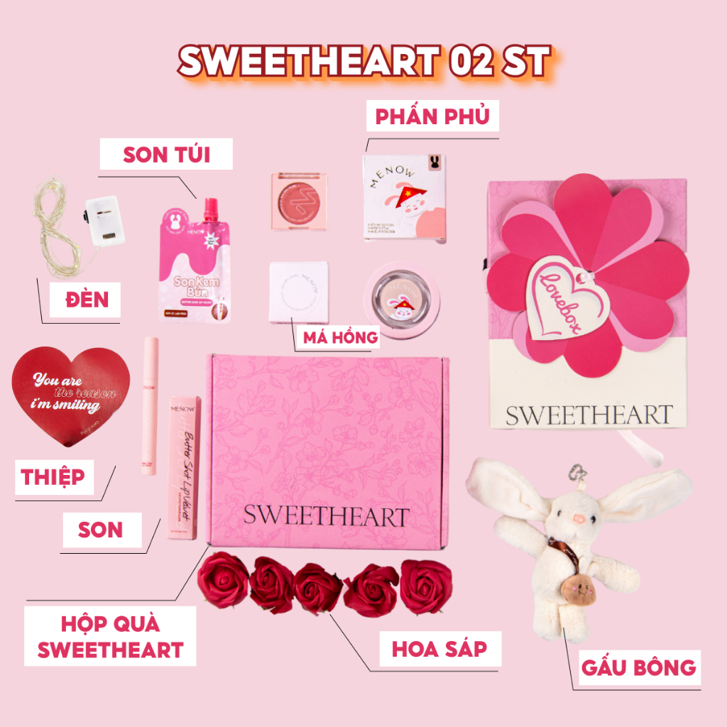 Hộp quà tặng trang điểm sẵn dây xách kèm gấu bông, hoa sáp và đèn MENOW SWEETHEART