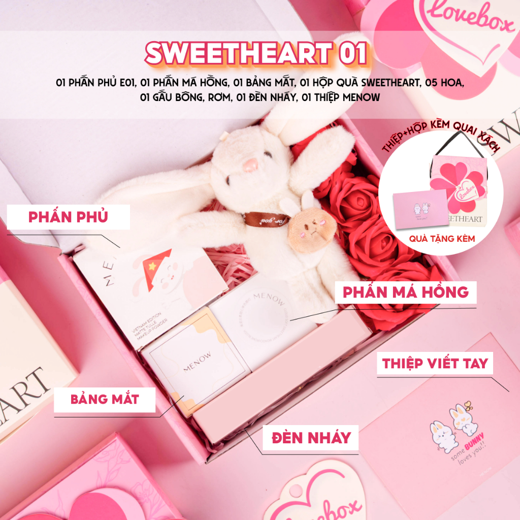 Hộp quà tặng trang điểm sẵn dây xách kèm gấu bông, hoa sáp và đèn MENOW SWEETHEART