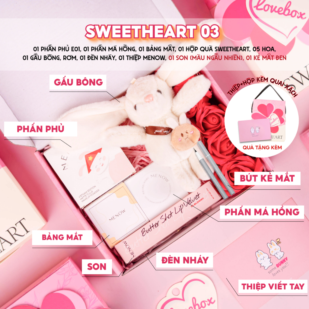 Hộp quà tặng trang điểm sẵn dây xách kèm gấu bông, hoa sáp và đèn MENOW SWEETHEART