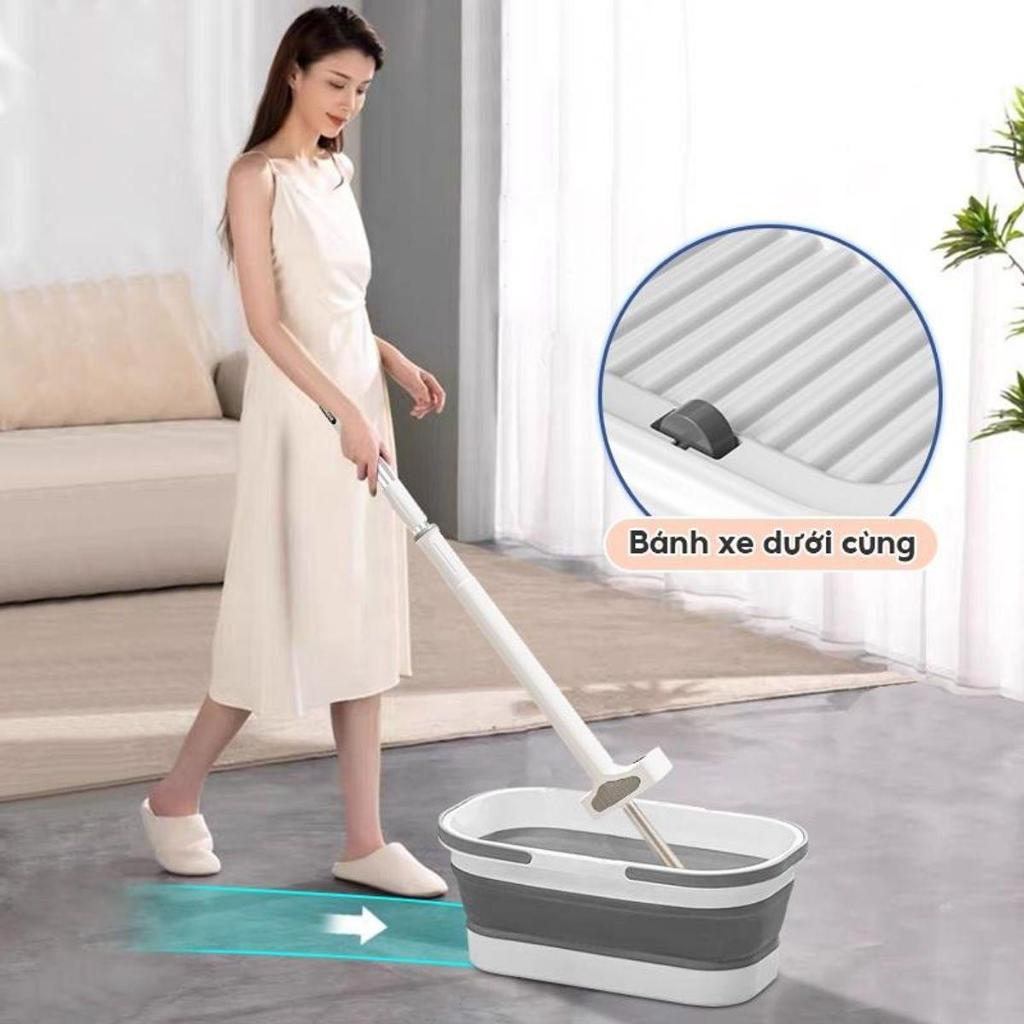 Bộ Cây Lau Nhà Tự Vắt Kèm Xô Gấp Gọn Silicon Thông Minh Tặng Kèm 4 Bông Lau Lau Sàn Cây Lau Nhà Làm Sạch thùng nhựa abs