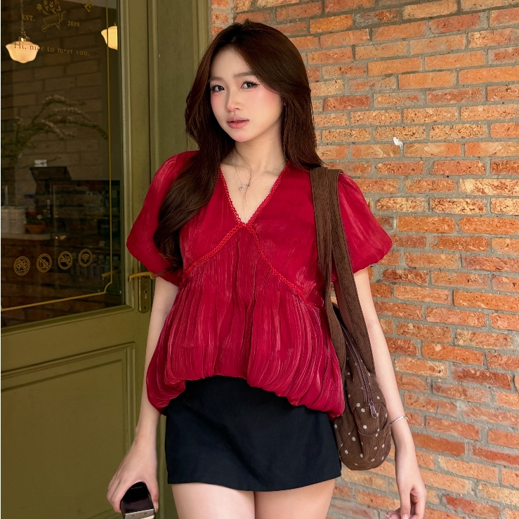 Áo Babydoll Tơ Nữ Dáng Suông Cổ V Tay Bồng Tiểu Thư Mặc Đi Học Đi Làm Mùa Hè Kimee - KA828