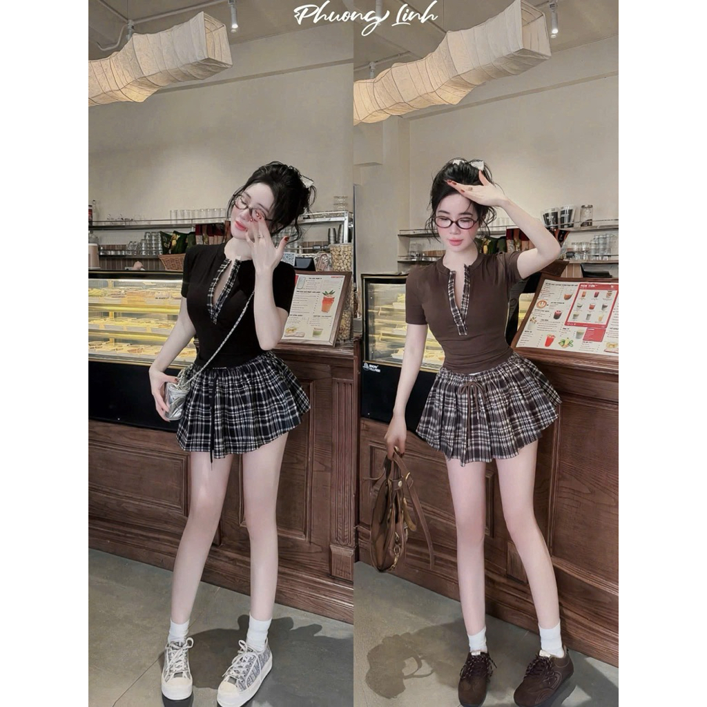 Set áo thun cộc tay đan dây mix chân váy kẻ xinh lắm luôn