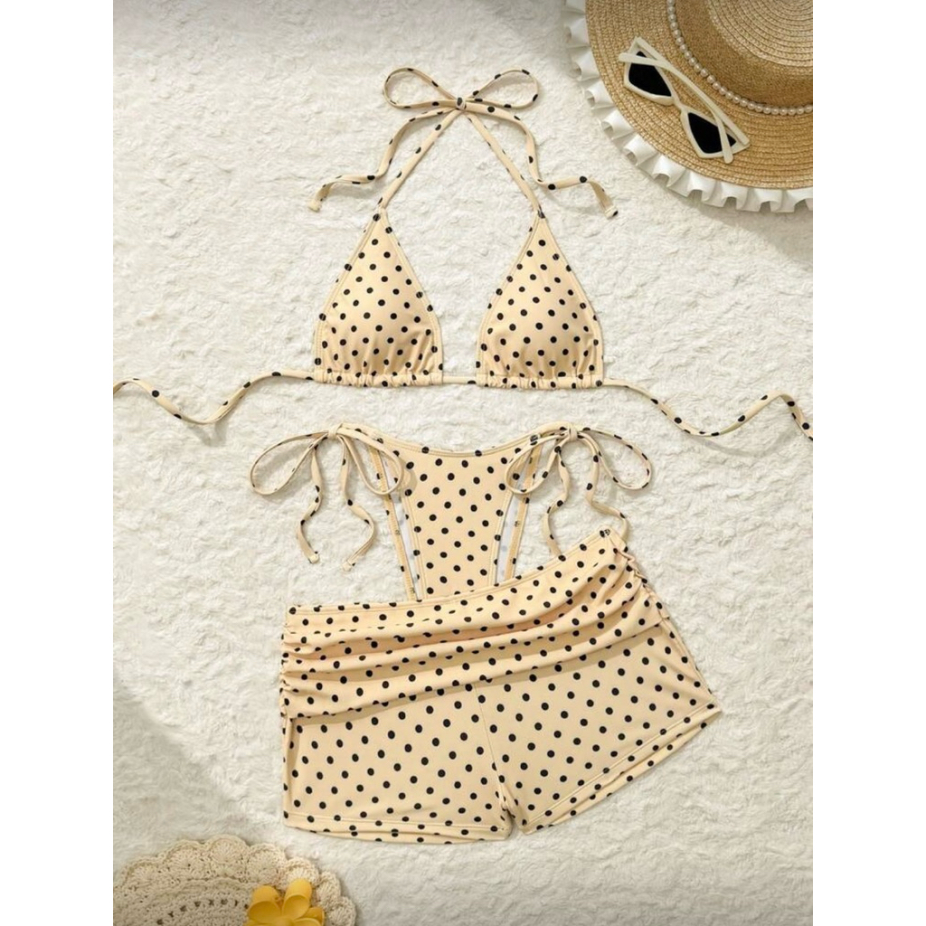 𝒫𝑒𝒶𝒸𝒽𝓎 𝒷𝒾𝓀𝒾𝓃𝒾 - Bộ bikini chấm bi kèm quần hottrend 2026 vàng