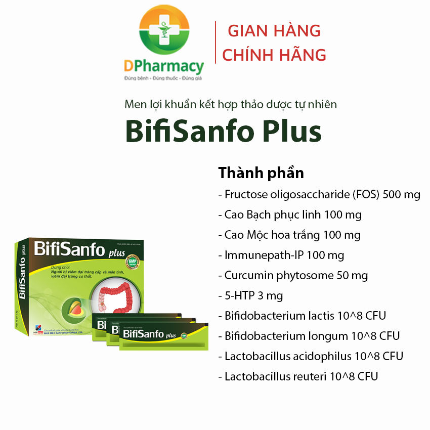 Men lợi khuẩn, thảo dược BifiSanfo Plus,Hỗ trợ giảm triệu chứng viêm đại tràng, HCRKT, hộp 12 gói