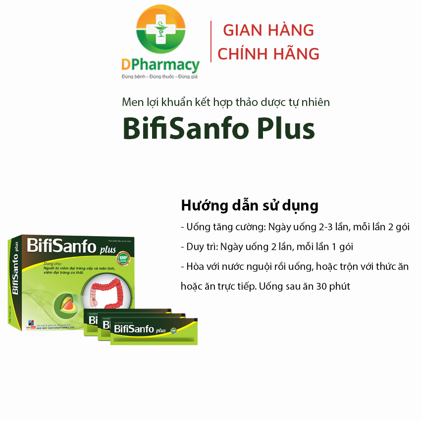 Men lợi khuẩn, thảo dược BifiSanfo Plus,Hỗ trợ giảm triệu chứng viêm đại tràng, HCRKT, hộp 12 gói