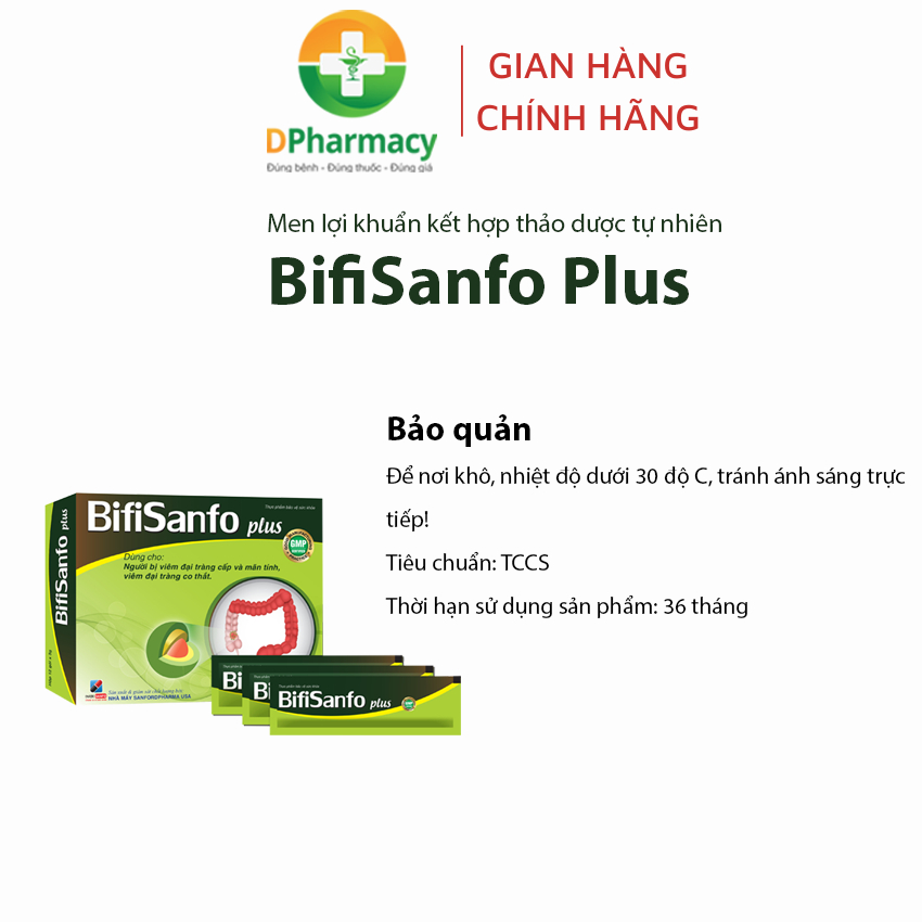 Men lợi khuẩn, thảo dược BifiSanfo Plus,Hỗ trợ giảm triệu chứng viêm đại tràng, HCRKT, hộp 12 gói