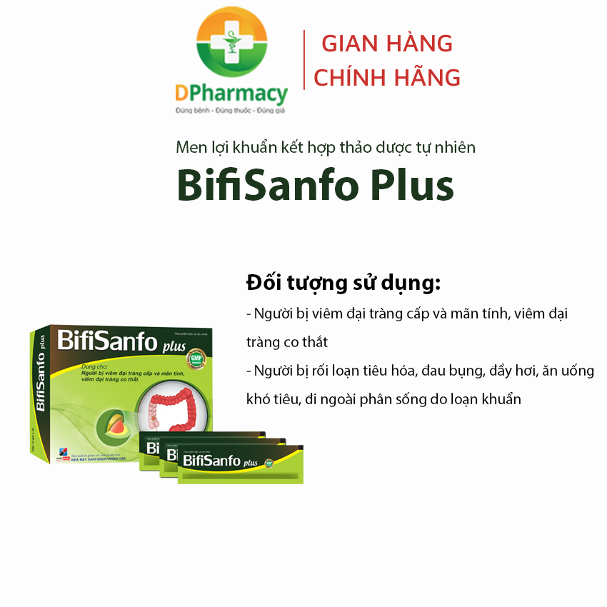 Men lợi khuẩn, thảo dược BifiSanfo Plus,Hỗ trợ giảm triệu chứng viêm đại tràng, HCRKT, hộp 12 gói