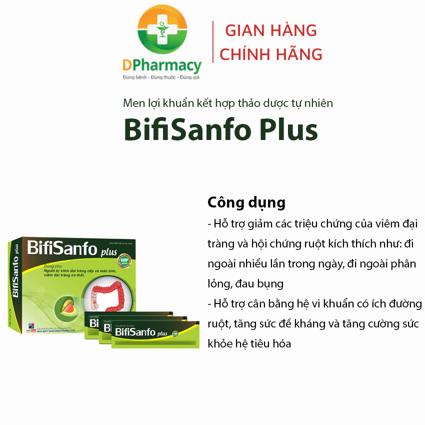 Men lợi khuẩn, thảo dược BifiSanfo Plus,Hỗ trợ giảm triệu chứng viêm đại tràng, HCRKT, hộp 12 gói