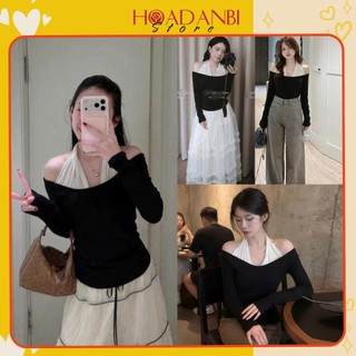 Áo Thun Dài Tay Nữ Cổ Yếm Phối Voan – Áo Trễ Vai Cotton Xịn Co Giãn 4 Chiều, Áo Trễ Vai