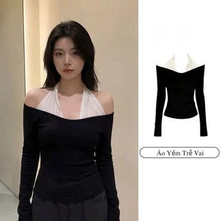 Áo Thun Dài Tay Nữ Cổ Yếm Phối Voan – Áo Trễ Vai Cotton Xịn Co Giãn 4 Chiều, Áo Trễ Vai