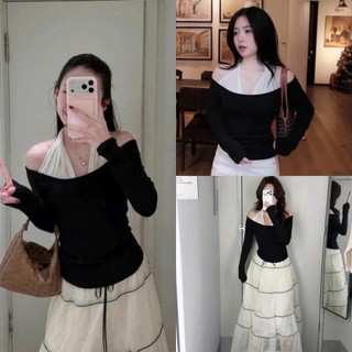 Áo Thun Dài Tay Nữ Cổ Yếm Phối Voan – Áo Trễ Vai Cotton Xịn Co Giãn 4 Chiều, Áo Trễ Vai