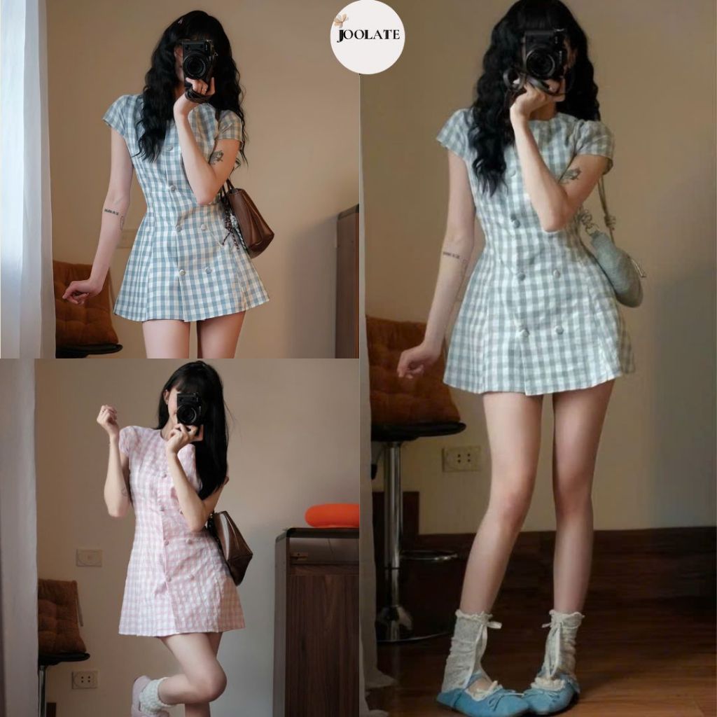 Váy Kẻ Caro Cúc Bọc 7388 – Dáng Suông Thanh Lịch, Chuẩn Style Mùa Hè Joolate