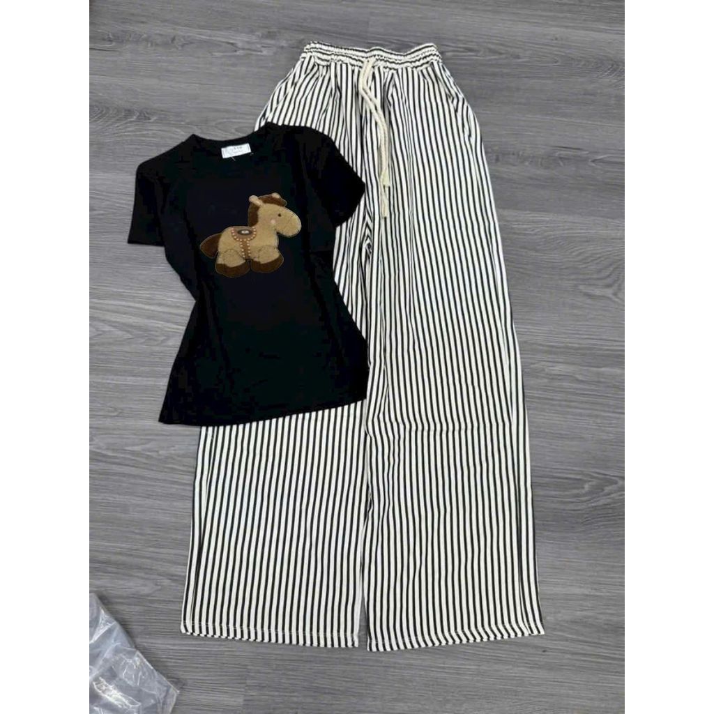 Các Sét Áo Babytee Nữ Xinh Xắn In Hình Cute Basic Phối Quần Dài Kẻ Sọc 100% Cotton Mềm Mịn Siêu Co Dãn