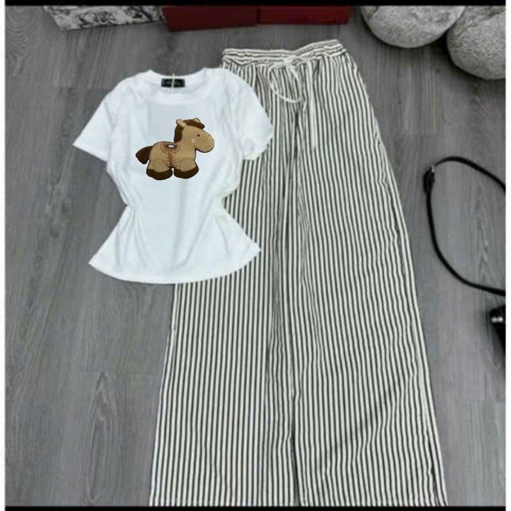 Các Sét Áo Babytee Nữ Xinh Xắn In Hình Cute Basic Phối Quần Dài Kẻ Sọc 100% Cotton Mềm Mịn Siêu Co Dãn