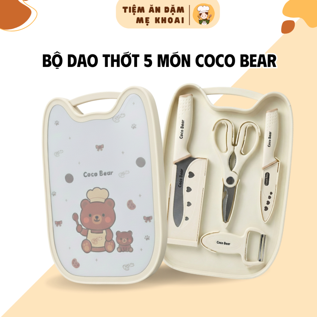 Bộ Dao Thớt 5 Món Coco Bear, chế biến ăn dặm cho bé, bộ dao thớt kháng khuẩn, thớt chống tràn