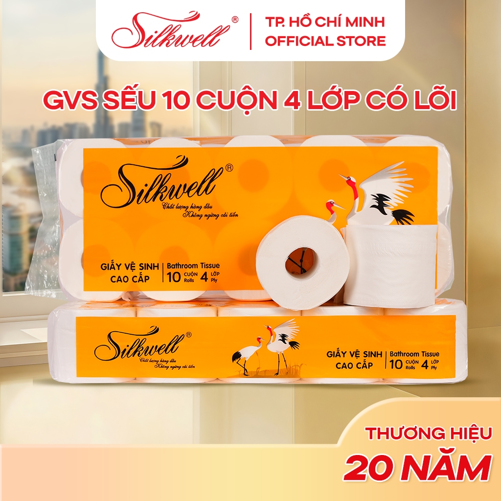 Giấy vệ sinh Silkwell Sếu 10 cuộn 4 lớp dày dặn, giấy vệ sinh cao cấp có khả năng  tự tan trong nước