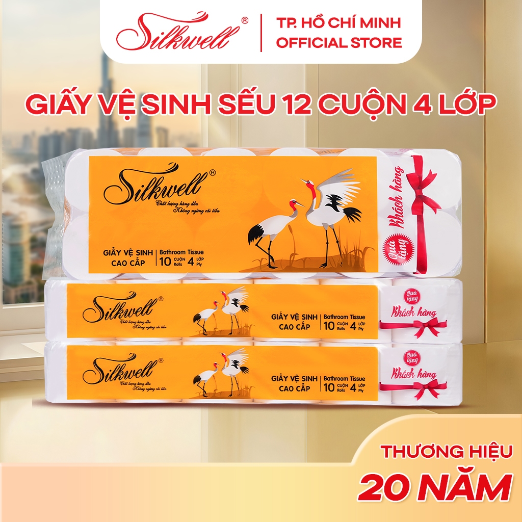 Combo 2 giấy vệ sinh Silkwell Sếu 12 cuộn 4 lớp cao cấp, dày dặn, tự tan được trong nước