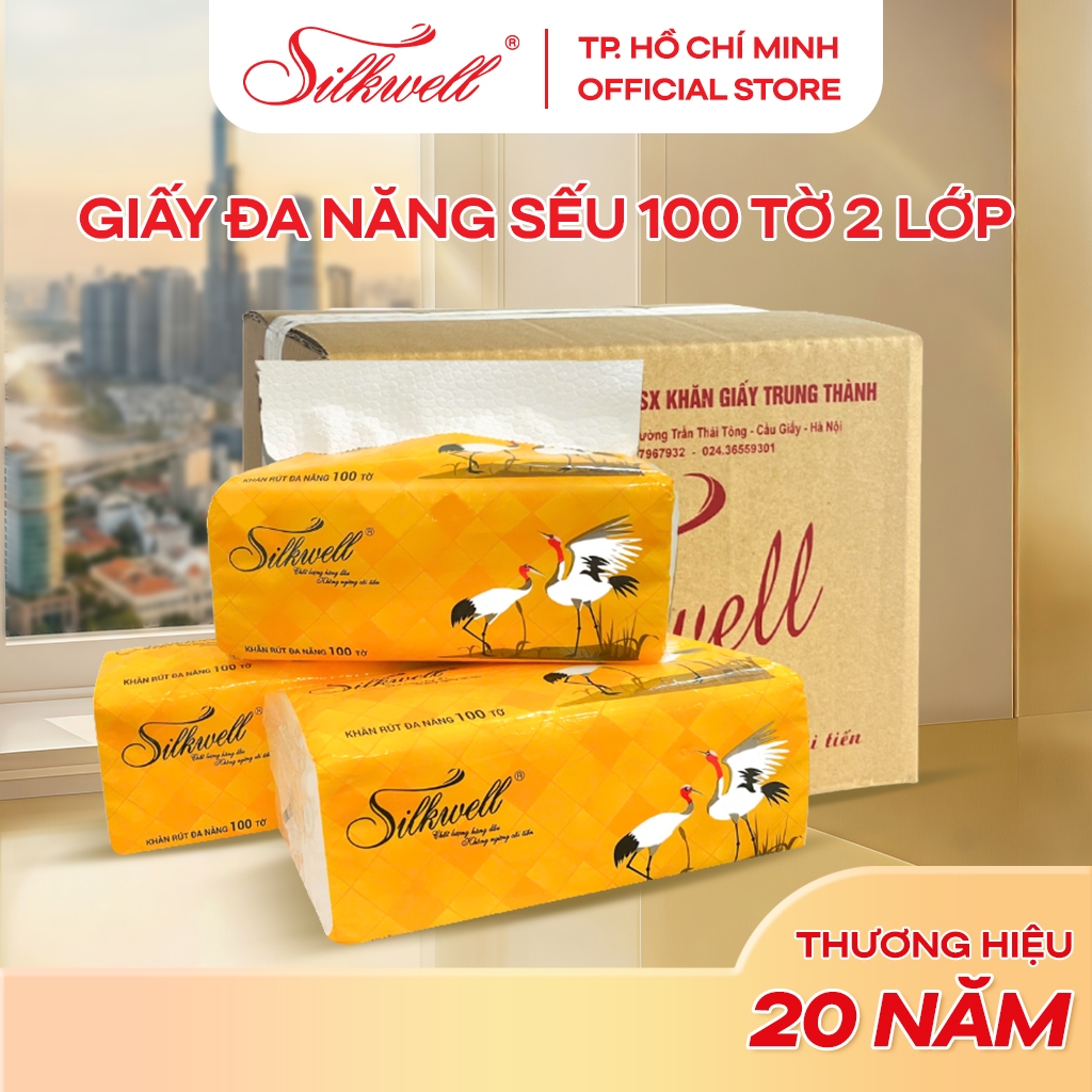 Thùng 9 gói giấy rút đa năng Silkwell Sếu 100 tờ 2 lớp siêu dai, tiện lợi khi lau tay, lau bếp & thấm dầu
