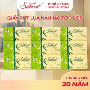 Thùng 9 gói Khăn giấy rút Nâu Silkwell 160 tờ 3 lớp dai mịn, giấy ăn gấu trúc 100% từ bột giấy tre tự nhiên