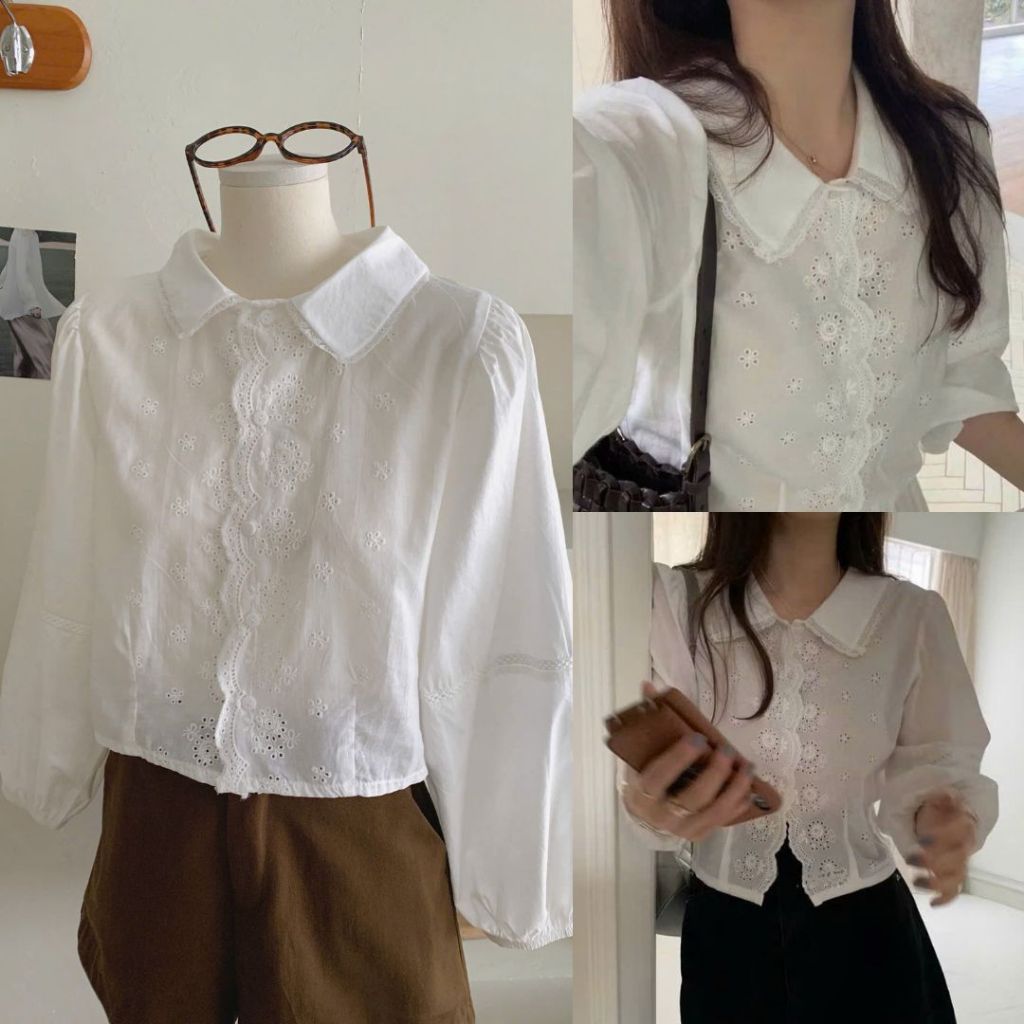 Áo Sơ Mi Tay Bồng Croptop Viền Bèo Phong Cách Vintage Nữ Tính JOOLATE 100 P7K3