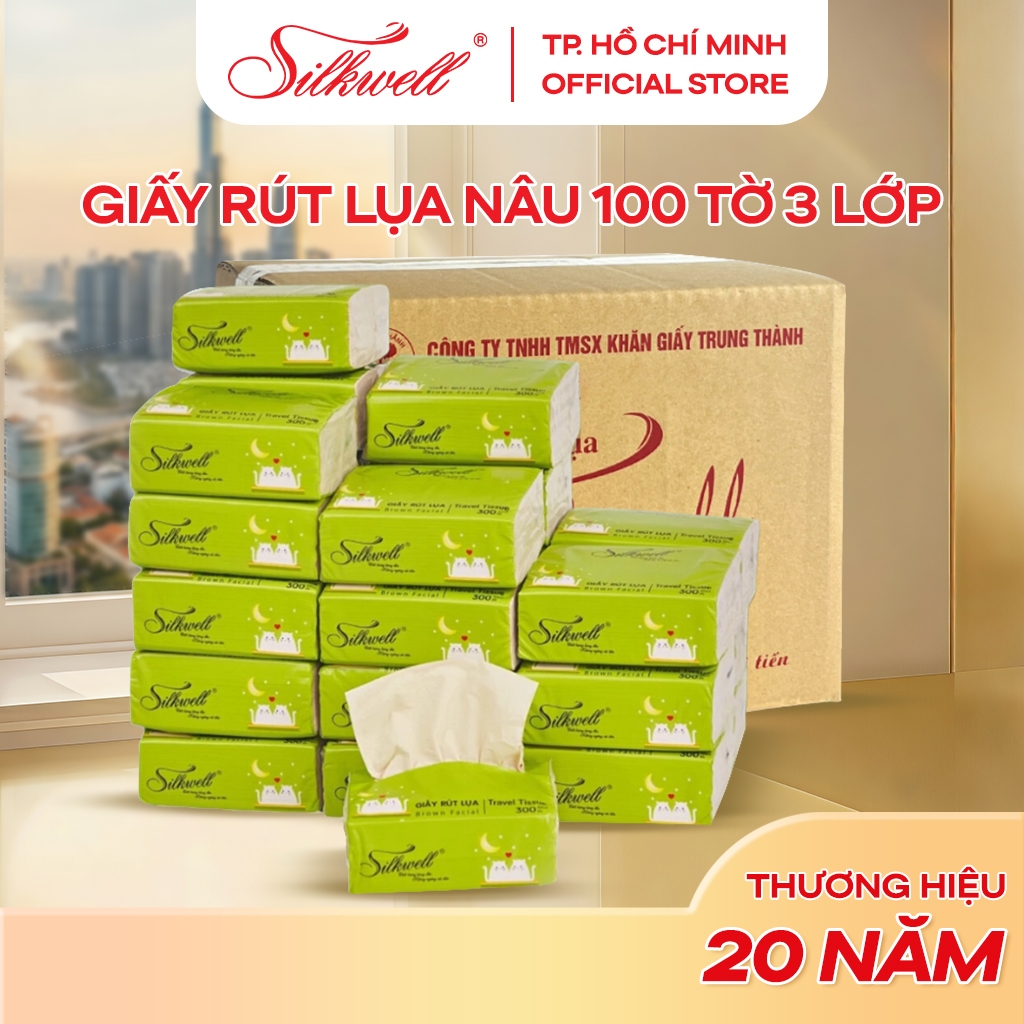 Thùng 16 gói Giấy rút mini nâu Silkwell 100 tờ 3 lớp, gói rút tiện lợi 100% bột tre nguyên chất