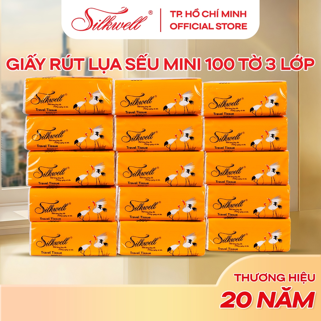 Thùng 16 gói khăn giấy ăn rút Silkwell Sếu 100 tờ 3 lớp, giấy ăn cao cấp Mini mềm mịn nhỏ gọn, tiện lợi