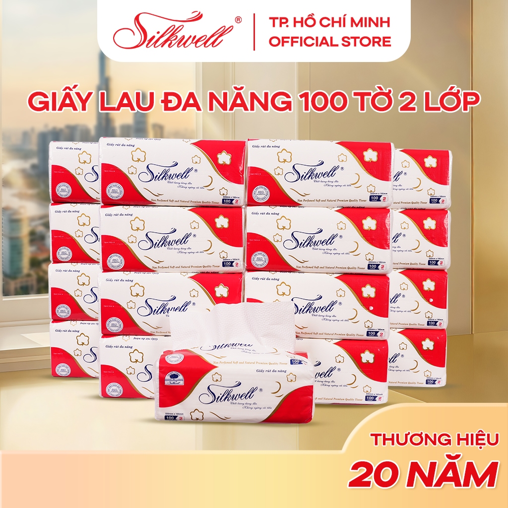 Thùng 9 gói Khăn giấy rút đa năng Silkwell 100 tờ 2 lớp siêu dai, giấy lau bếp tiện lợi