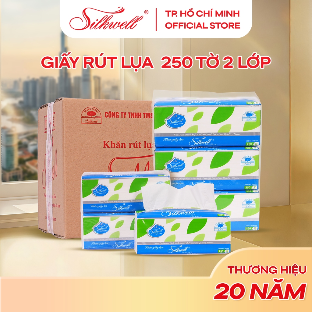 Thùng 9 khăn giấy ăn rút Silkwell 250 tờ 2 lớp dai, mịn, giấy ăn cao cấp an toàn cho gia đình bạn