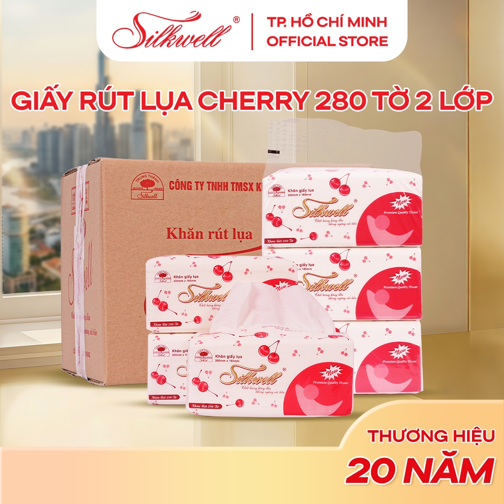 Thùng 9 gói giấy ăn rút lụa Cherry Silkwell 280 tờ 2 lớp, combo khăn giấy rút lụa siêu dai và mềm mại
