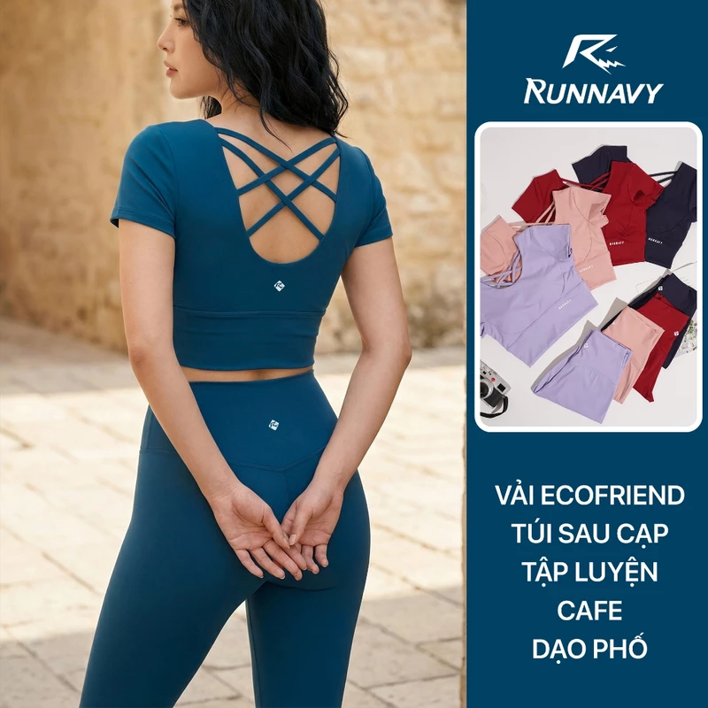 Set đồ tập gym yoga áo Tshirt cộc tay, quần legging Ecoffriend Run Navy SET206-89 — ảnh 1