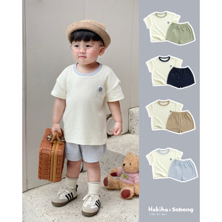 Bộ quần áo cộc tay gắn logo phối cổ cho bé trai, bé gái Hokiha vải cotton bozip mềm mại, thoáng mát size 8-17kg BB19