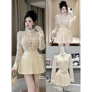 Set áo ren cao cấp mix chân váy xếp ly màu kem nhẹ nhàng phong cách tiểu thư xinh đẹp rạng rỡ đẹp - Baotrang.clothes