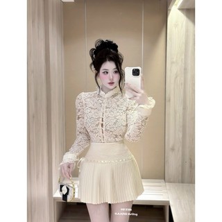 Set áo ren cao cấp mix chân váy xếp ly màu kem nhẹ nhàng phong cách tiểu thư xinh đẹp rạng rỡ đẹp - Baotrang.clothes