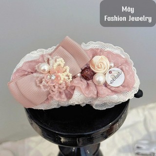 Kẹp tóc ren lụa 4 lớp đính nơ đính charm hoa đá • Mây Fashion Jewelry - K32601