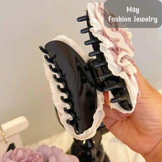 Kẹp tóc ren lụa 4 lớp đính nơ đính charm hoa đá • Mây Fashion Jewelry - K32601