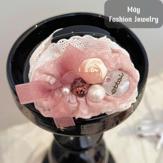 Kẹp tóc ren lụa 4 lớp đính nơ đính charm hoa đá • Mây Fashion Jewelry - K32601