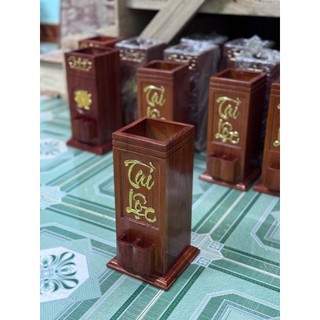 Ống Đựng Nhang Tài Lộc Dát Vàng, Gỗ Tự Nhiên
