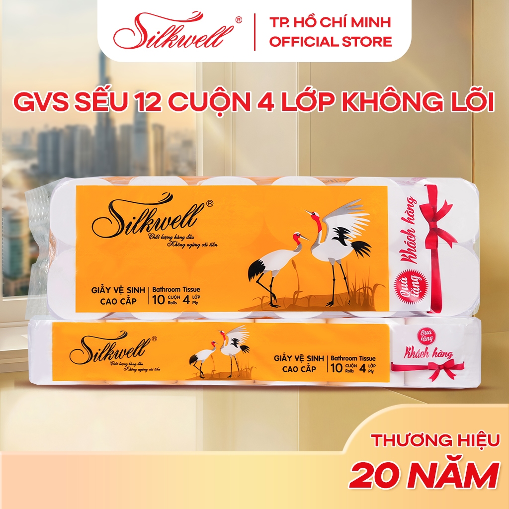 Giấy vệ sinh Silkwell Sếu 12 cuộn 4 lớp cao cấp, dày dặn, dễ tan trong nước