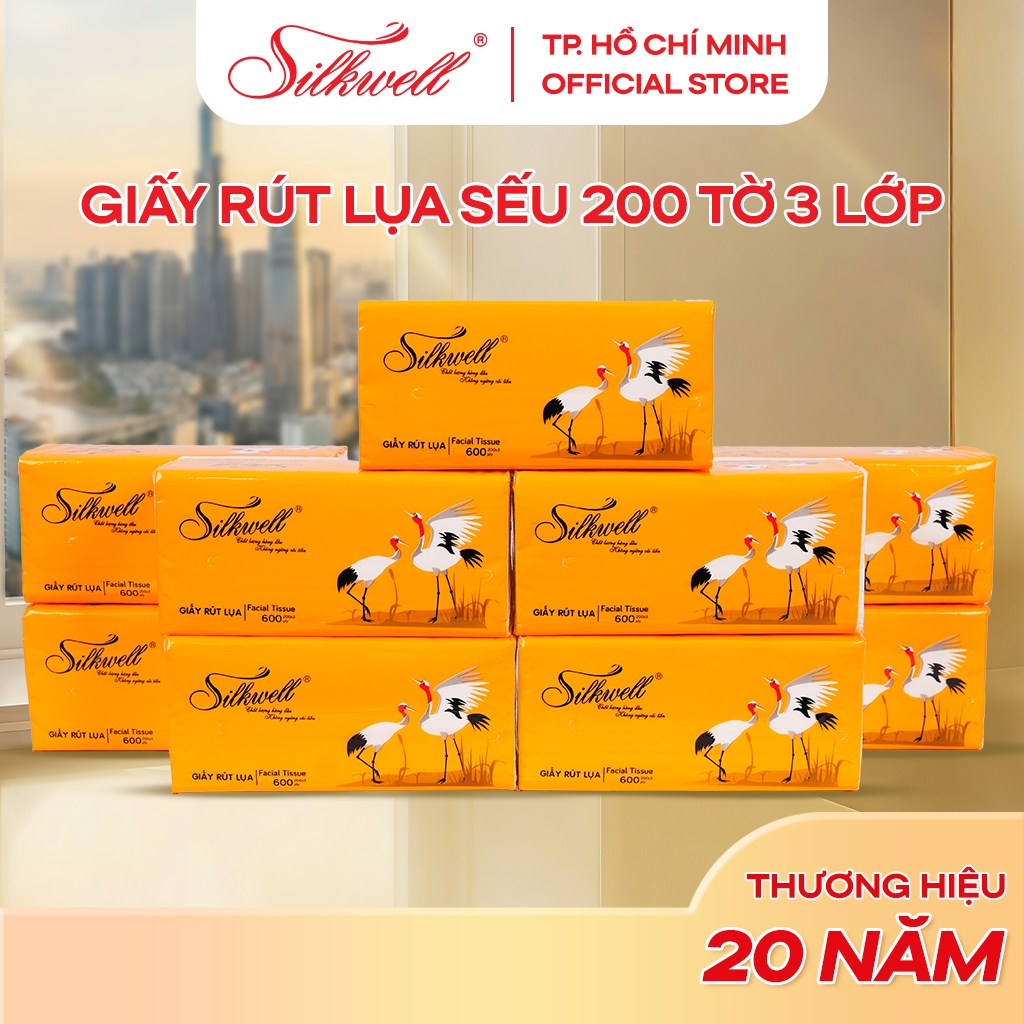 Thùng 9 gói giấy rút lụa Silkwell Sếu 200 tờ 3 lớp cao cấp, dai mịn, an toàn cho cả gia đình