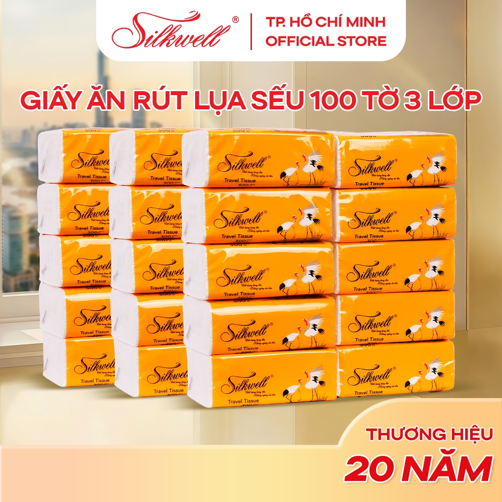 Thùng 30 gói Giấy rút lụa mini Silkwell Sếu 100 tờ 3 lớp, khăn giấy mini bỏ túi tiện lợi