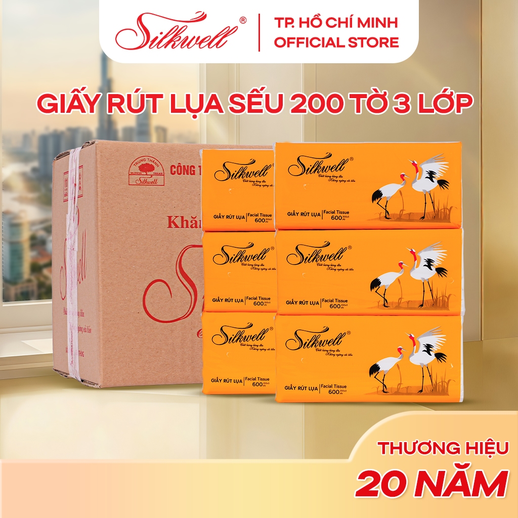 Combo 9 gói khăn giấy ăn rút Silkwell Sếu 200 tờ 3 lớp dai mịn, an toàn cho cả gia đình